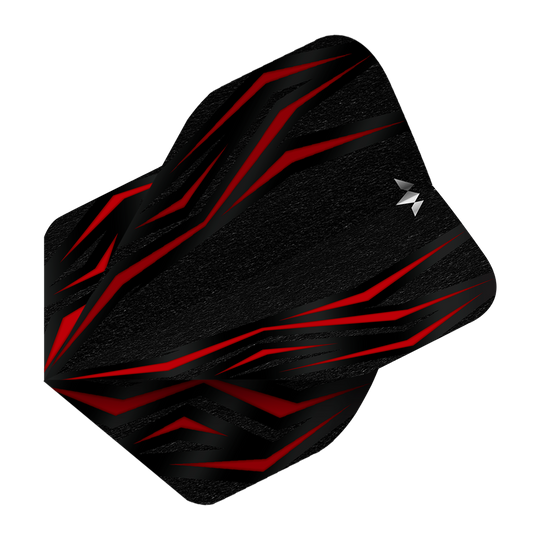 Mission Lava Red No2 Standard Flights Das Bild zeigt einen Mission Lava Red No2 Standard Flight für Darts. Das Design ist überwiegend schwarz mit auffälligen roten Linien und einem kleinen weißen Logo.