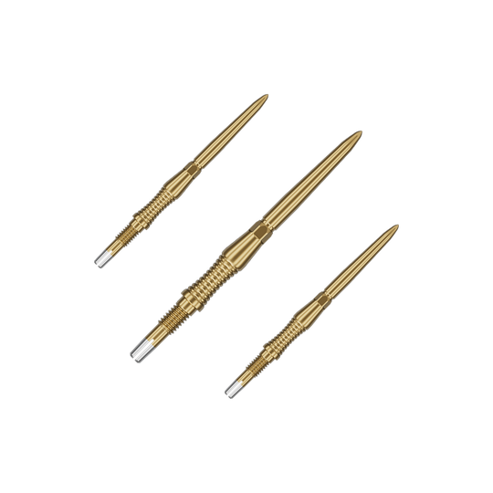 Target Swiss Point Dart Tips Signature RST - Gold Das Bild zeigt ein Set von goldenen Target Swiss Point Dartspitzen Signature RST mit 30mm Länge. Die Spitzen sind ordentlich nebeneinander angeordnet.