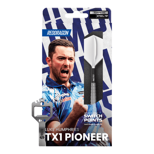 Red Dragon Luke Humphries TX1 Pioneer Switch Point Steel Darts Gezeigt werden die Red Dragon Luke Humphries TX1 Pioneer Switch Point Steeldarts. Das Produkt ist für anspruchsvolle Dartspieler gedacht.