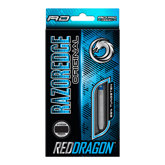 Red Dragon Razor Edge Original Steel Darts Die Verpackung zeigt die "Red Dragon Razor Edge Original Steeldarts" mit einem Gewicht von 24 Gramm. Das Design ist blau-schwarz und hebt hervor, dass die Darts aus 95 % Tungsten bestehen.