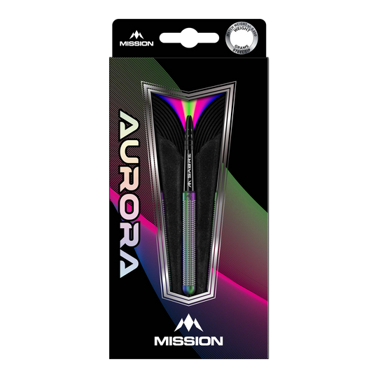 Die Abbildung zeigt die Mission Aurora Coral PVD Steeldarts mit einem Gewicht von 23g in ihrer Verpackung. Das Design der Verpackung ist modern und farbenfroh, mit auffälligen Regenbogen-Effekten.