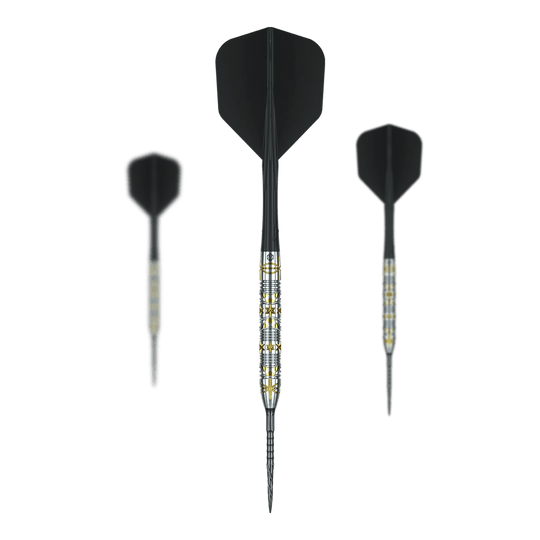 Das Bild stellt ein Set der Caliburn Halo H1 Steeldarts mit 22,5 g dar. Das Set eignet sich für professionelle und Hobby-Dartspieler.