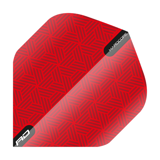TF6425_Red_Dragon_Hardcore_Red_Standard_Flights_1oOJCzW2hg2PI1 Das Bild zeigt ein rotes Dartflight mit einem geometrischen Muster. In der Ecke steht "HARDCORE" und unten ist das "RD" Logo zu sehen.