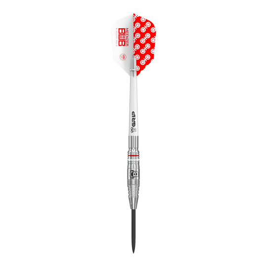 Der Bulls Niko Springer Steeldart hat ein silbernes Barrel mit feinen Rillen. Das Flight ist weiß und rot mit einem auffälligen Muster und dem Markenschriftzug.
