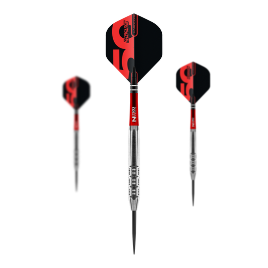 Red Dragon 50 Year Collection Hexose Set 3 Steeldarts - 25g Das Bild illustriert ein Set der Red Dragon 50 Year Collection Hexoset 3 Steeldarts mit 25g Gewicht. Diese Steeldarts sind Teil einer limitierten Sammleredition.