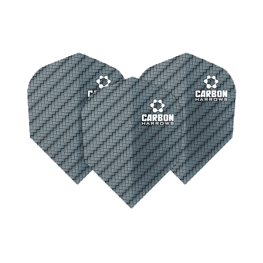 HR52_Harows_Carbon_No6_Flights_Blau_1STC7bfqSj2vwP Das Bild zeigt die Harrows Carbon Flights HR52 mit einem schwarz-grauen Karbonmuster. Auf jedem Flight steht das Logo und der Schriftzug "CARBON HARROWS".