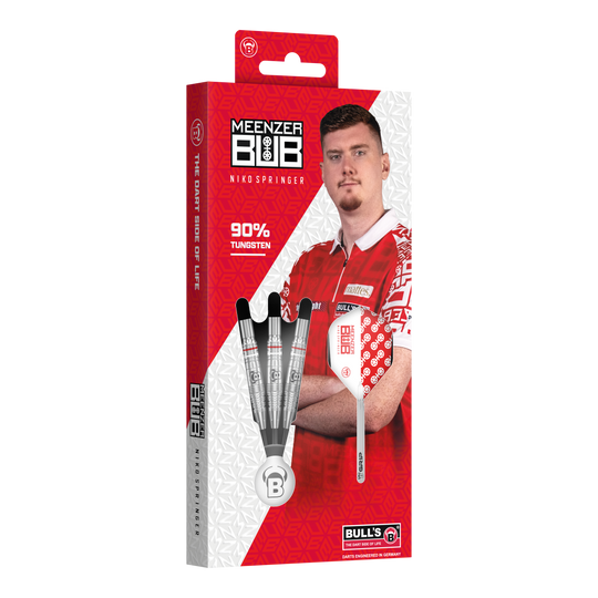 Die Verpackung zeigt die Bulls Niko Springer Steeldarts mit 90% Tungsten. Auf der Vorderseite ist ein Bild von Niko Springer in rotem Trikot zu sehen.