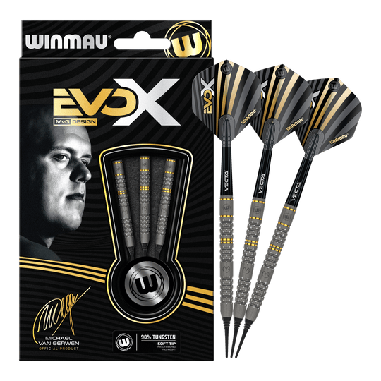 Winmau Michael Van Gerwen Evo-X soft darts - 20g Das Bild zeigt das Produkt "Winmau Michael Van Gerwen Evo-X Softdarts - 20g" in seiner Verpackung. Neben der Verpackung sind drei zusammengebaute Softdarts mit schwarz-goldenem Design zu sehen.