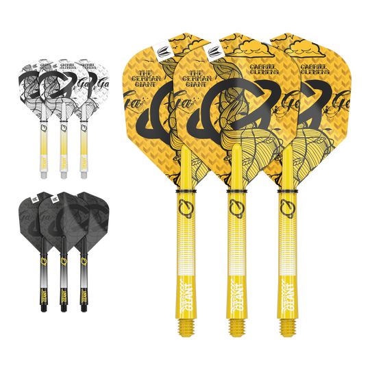 Target Ink Flight Shaft Kit Gabriel Clemens Das Bild zeigt drei Sätze Dartflights und -schäfte in verschiedenen Farben und Designs. In der Mitte befindet sich ein gelbes Set mit der Aufschrift "The German Giant" und "Gabriel Clemens".