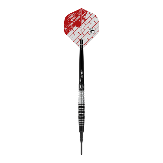 Das Bild zeigt einen Bulls Martin Schindler Original Generation 3 Softdart. Der Dart hat eine schwarz-silberne Struktur mit einer roten und weißen Flights mit Ziegelmuster.