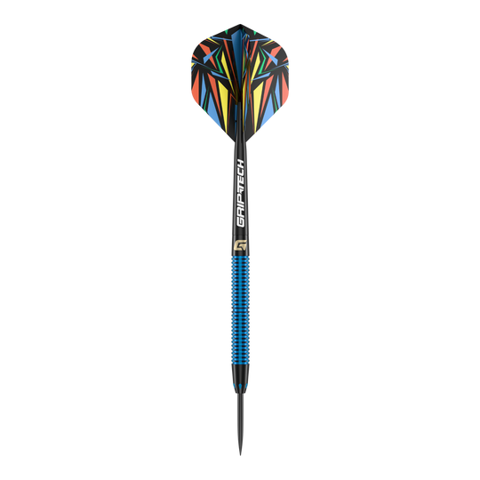 GOAT Athlete Blue Brass Steeldarts - 12g Das Bild zeigt einen Steeldart mit blauem Griff und der Aufschrift "GRIP-TECH". Die Flights haben ein buntes, geometrisches Muster.