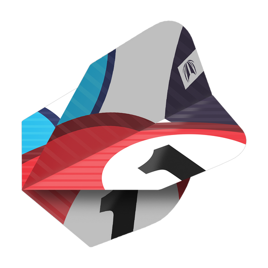 Dieses Bild zeigt die Target Pro Ultra Chicane Blue No6 Flights, die in drei Sets erhältlich sind. Die Flights haben ein modernes Design mit blauen, roten und weißen Farbakzenten.