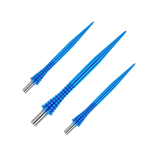 Red Dragon Raptor Gripped Blue steel dart tips 30mm Das Bild zeigt drei blaue Steeldartspitzen des Produkts "Red Dragon Raptor Gripped" mit einer Länge von 30 mm. Die Spitzen haben ein geriffeltes Griffdesign und silberne Enden.