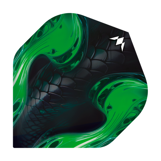 Mission Solo Venom No2 Standard Flights Das Bild zeigt ein Dartflight mit schwarzem, schuppigem Muster und leuchtend grünen Akzenten. In der oberen rechten Ecke befindet sich ein weißes Logo.