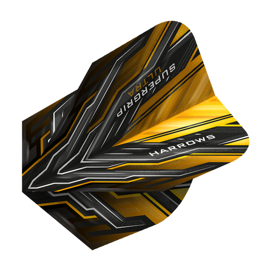 HR12_Harrows_Supergrip_Ultra_Sunset_Gold_Standard_Flights_2 Das Bild zeigt ein Harrows Supergrip Ultra Sunset Gold Standard Flight für Darts. Das Flight ist in Schwarz, Gold und Silber gestaltet und trägt die Aufschriften "SUPERGRIP ULTRA" und "HARROWS".