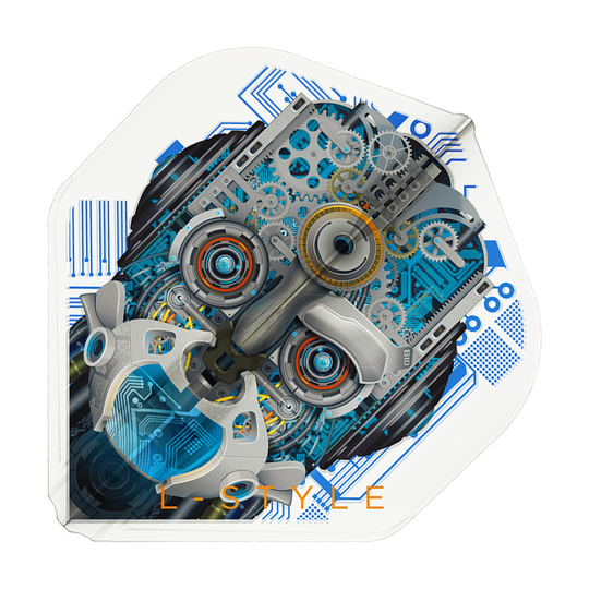 Das Bild zeigt ein Dartflight mit einem detaillierten, mechanischen Roboterkopf auf weißem Hintergrund. Unten ist der Schriftzug "L-STYLE" in orange zu sehen.