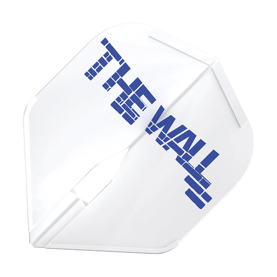 L-Style Martin Schindler White L1PRO Flights Das Bild zeigt ein weißes Dart-Flight mit der blauen Aufschrift "THE WALL". Das Produkt ist das L-Style Martin Schindler Weiß L1PRO Flight.