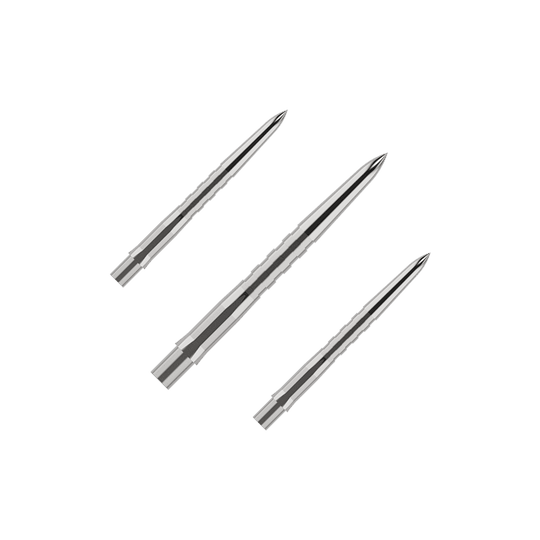 Mission Caliburn EVO Dart Tips - Grooved - Silver Das Bild zeigt drei silberne, gerillte Spitzen für Steeldarts. Sie liegen nebeneinander auf einem grünen Hintergrund.