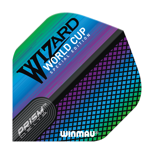 6915-253_Winmau_Prism_Delta_Wizard_Rainbow_Standard_Flights_1UnkdsK9FG6KHP Das Bild zeigt das Produkt 'Winmau Prism Delta Wizard Rainbow Standard Flights'. Die Dart-Flights haben ein farbenfrohes, regenbogenartiges Design und den Aufdruck "Wizard World Cup Special Edition".