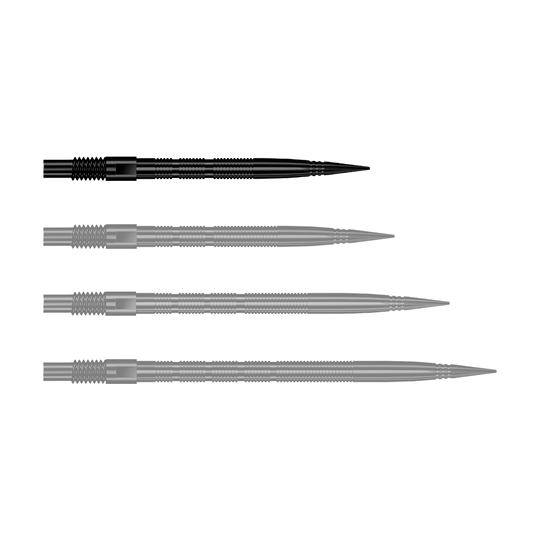 Harrows Quick Point Micro Ridge Dart Tips - Black Zu sehen ist eine einzelne schwarze Dartspitze mit Rillenmuster. Dieses Produkt ist als Ersatzspitze für Dartpfeile gedacht.