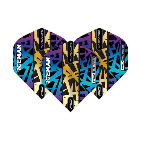 TF6826_Red_Dragon_Hardcore_Gerwyn_Price_Rainbow_Gold_Standard_Flights_1MLj8fvHCPMZGT Das Bild zeigt die Red Dragon Hardcore Gerwyn Price Rainbow Gold Standard Flights. Die Flights haben ein buntes, grafisches Design mit den Worten "ICEMAN" und "HARDCORE" darauf.