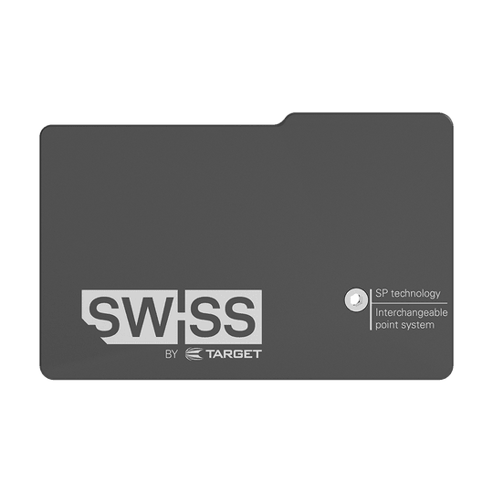 119648_Target_Swiss_Point_Safe_4 Das Bild zeigt das Produkt "Target Swiss Point Safe". Es handelt sich um ein schwarzes Etui mit der Aufschrift "Swiss by Target" und dem Hinweis auf eine austauschbare Spitzen-Technologie.