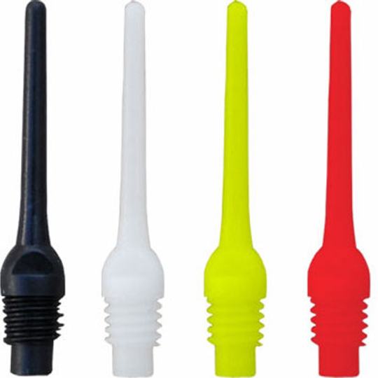 808_8155183a78724ee8 Das Bild zeigt vier verschiedenfarbige Ersatzspitzen für Darts, die in Schwarz, Weiß, Gelb und Rot abgebildet sind. Die Spitzen haben ein Schraubgewinde an einem Ende zur einfachen Befestigung.