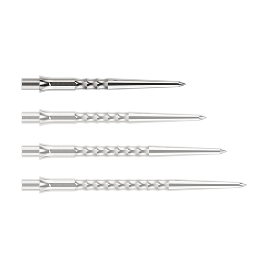 Caliburn System steel dart tips - Ripple - NoLip - silver Abgebildet ist eine silberne Steeldartspitze des Typs Ripple NoLip mit 28mm Länge. Die Spitze liegt frontal auf einer hellen Fläche.
