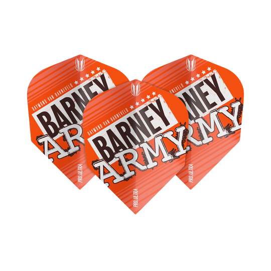 TG64_334310_Target_ProUltra_Barney_Army_Orange_Ten-X_Flights_1wac9FFhLsG2Pj Das Bild zeigt drei orangefarbene Dart-Flights mit der Aufschrift "BARNEY ARMY". Sie gehören zur Produktreihe "Target ProUltra Barney Army Orange Ten-X Flights".
