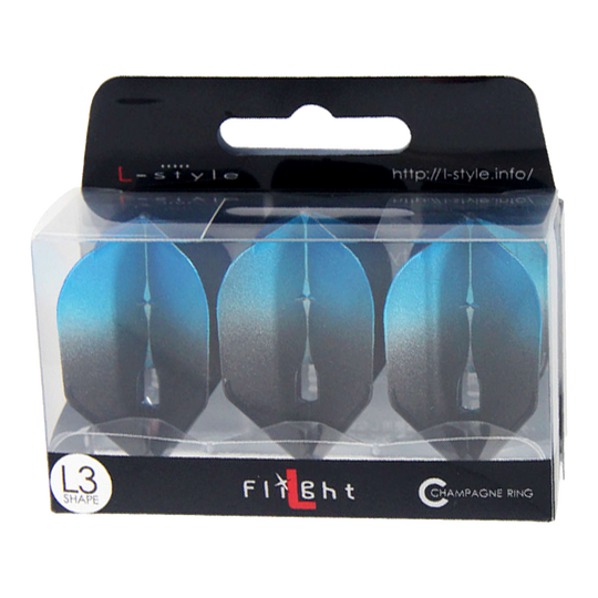 L-Style Two Tone L3PRO Flights Die Verpackung zeigt drei blaue Dartflights der Marke L-style. Auf der Schachtel steht "L3 Shape" und "Champagne Ring".