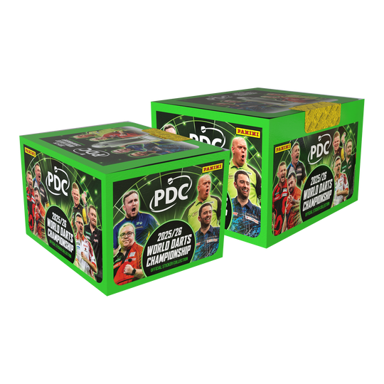 Panini PDC World Darts Championship 2025/26 - Hardcover Mega Bundle with two sticker boxes Das Bild stellt das Panini PDC World Darts Championship 2025/26 Hardcover Mega Bundle mit zwei Stickerboxen dar. Es bietet ein Hardcover-Sammelalbum und zwei Stickerboxen zum Sammeln.