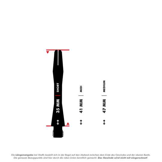 HR366_Harrows_Keramic_Shafts_5_35mmDw2gnxncgSePJ Das Bild zeigt die Harrows Keramic Shafts in matt-schwarz in drei verschiedenen Längen: Short (35 mm), Midi (41 mm) und Medium (47 mm). Die roten Linien markieren die Messpunkte für die Längenangabe ohne das Gewinde.