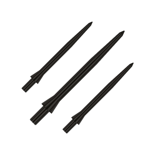 Red Dragon Raptor Plain Black steel dart tips - 30mm Das Bild zeigt drei schwarze Steeldartspitzen der Marke Red Dragon Raptor in 28 mm Länge. Die Spitzen sind schlicht und haben ein glattes Design.