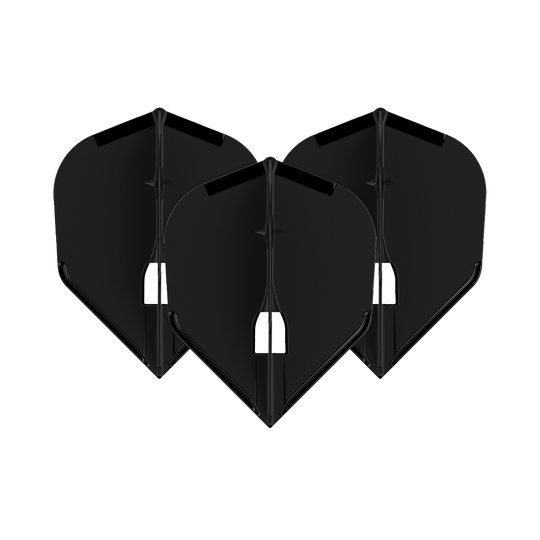 L-Style Flights Champagne - L3PRO Shape Auf dem Bild sind drei schwarze Dartflights zu sehen. Sie haben eine klassische, abgeflachte Form und stehen nebeneinander.