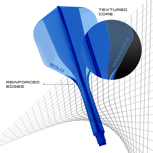 Abgebildet ist das Harrows Solo No6 Flight-Shaft-System in der Farbe Blau. Dieses Produkt ist für den Dartsport geeignet.