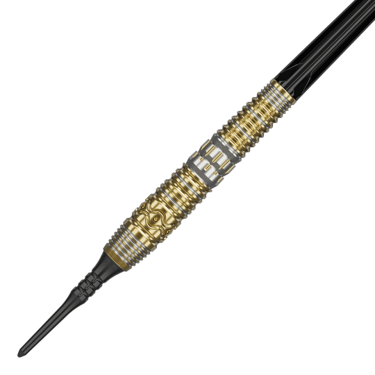 Das Bild zeigt einen Softdart mit dem Namen "Target Japan Hot Shot GEN2 Softdarts - 19g". Der Dart hat ein auffälliges Design in Gold und Silber mit detaillierten Gravuren am Griff.