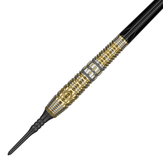 Target Japan Hot Shot GEN2 Soft Darts - 19g Das Bild zeigt einen Softdart mit dem Namen "Target Japan Hot Shot GEN2 Softdarts - 19g". Der Dart hat ein auffälliges Design in Gold und Silber mit detaillierten Gravuren am Griff.
