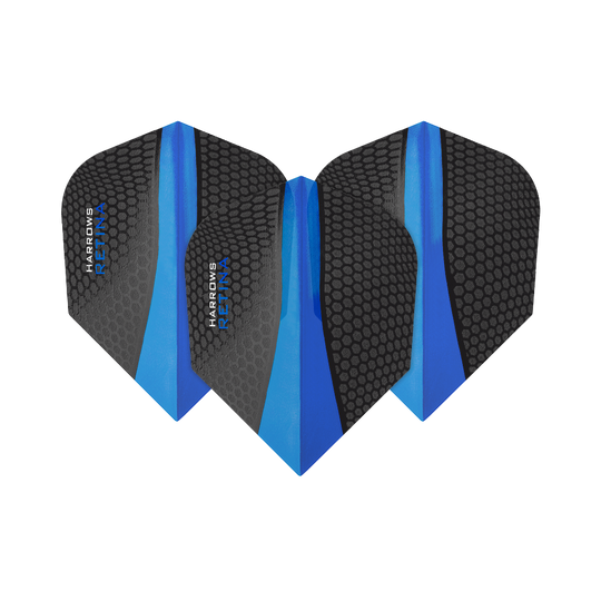 HR5510_Harrows_Retina_Blau_No2_Standard_Flights_1lDr1RrGfnau7Z Das Bild zeigt drei Harrows Retina Blau No6 Flights für Darts. Die Flights sind schwarz mit einem blauen Streifen und Wabenmuster gestaltet.