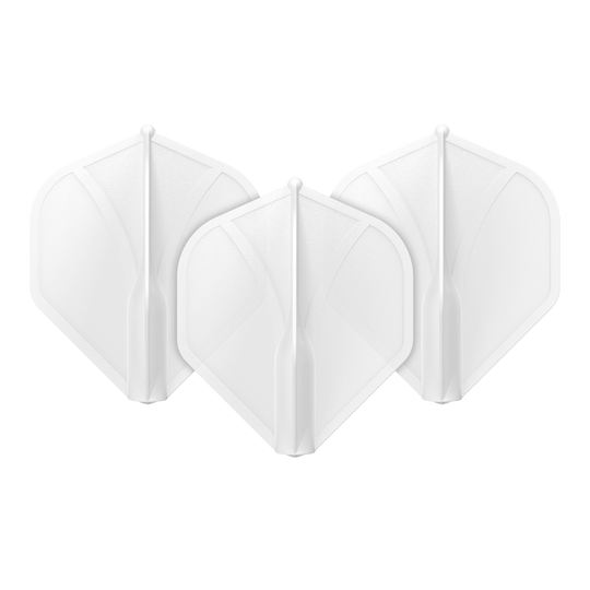 Shot Airfoil Molded No2 Standard Flights Auf dem Bild sind drei klare, weiße Dart-Flights zu sehen. Sie sind nebeneinander aufgestellt und haben eine klassische, rautenähnliche Form.
