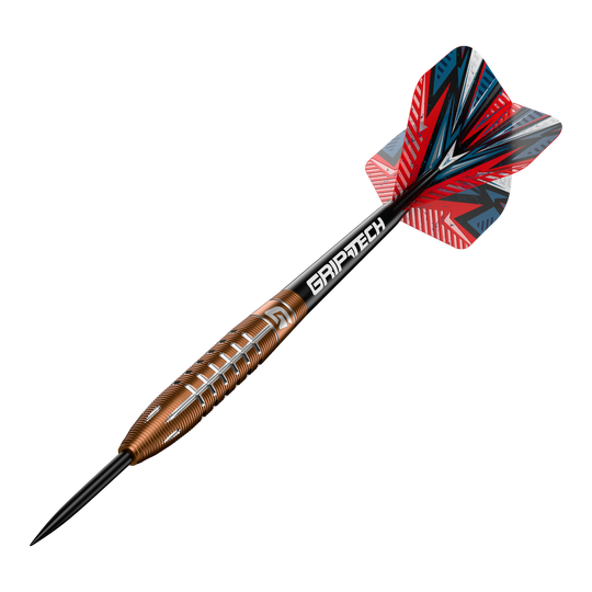GOAT Quarterback V2 Tungsten Steel Darts - 24g Das Bild zeigt einen Steeldart namens "GOAT Quarterback V2 Tungsten" mit einem Gewicht von 24 Gramm. Der Dart hat ein auffälliges Design mit roten, schwarzen und silbernen Akzenten sowie dem Schriftzug "GRIPTECH" auf dem Schaft.