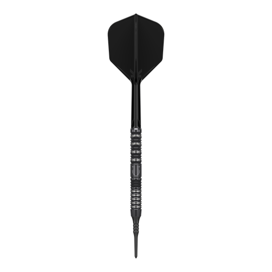 Target Japan Black Marque Draco GEN2 Soft Darts - 20g Das Bild zeigt einen schwarzen Softdart der Marke "Target Japan Black Marque Draco GEN2" mit einem Gewicht von 20g. Der Dart hat ein elegantes, modernes Design mit metallischen Akzenten am Griff.