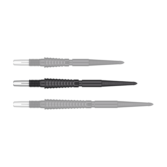 Target Swiss Storm LNC dart tips - Black Das Bild zeigt drei schwarze Dartspitzen in einer Reihe. Die Spitzen haben eine geriffelte Oberfläche und einen silbernen Ansatz.