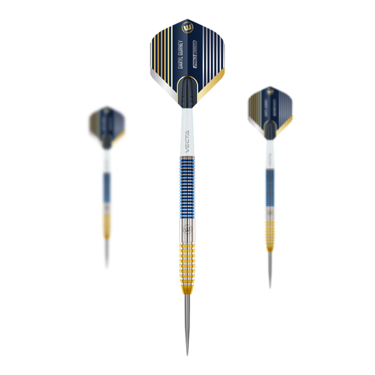 Winmau Daryl Gurney SC 1.0 Series Steeldarts - 23g Das Bild zeigt die Winmau Daryl Gurney SC 1.0 Series Steeldarts mit einem Gewicht von 23g. Die Darts haben ein modernes Design mit blauen, goldenen und silbernen Akzenten.
