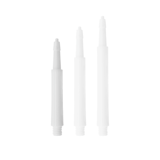HRC12619W_Harrows_Clic_Standard_Shafts_Weiss_37mm_1IVvaOVGthdRLr Auf dem Bild sind drei weiße Harrows Clic Standard Shafts in unterschiedlichen Längen zu sehen. Sie sind gerade ausgerichtet und heben sich deutlich vom Hintergrund ab.