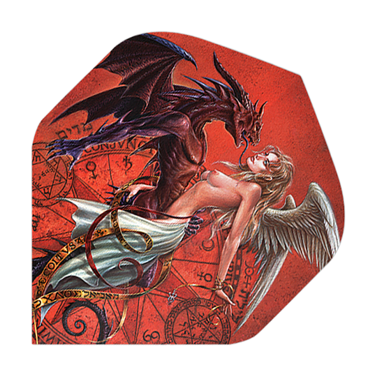 Das Bild zeigt eine kunstvolle Darstellung eines Drachens und eines Engels, die sich eng gegenüberstehen. Im Hintergrund sind mystische Symbole auf einem roten Untergrund zu sehen.