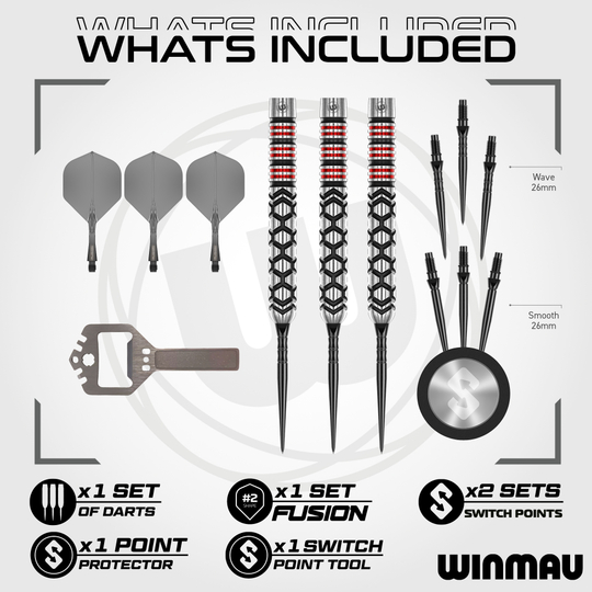 Das Produkt ist die Winmau Fornax Parallel Switch Point Steeldarts. Es handelt sich um parallel geformte Steeldarts mit Wechselspitze.