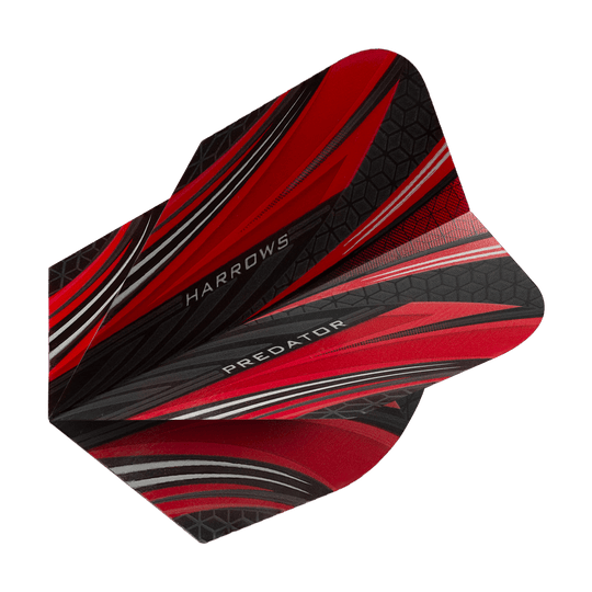 HR7518_Harrows_Prime_Predator_Rot_No2_Standard_Flights_2 Das Bild zeigt die Harrows Prime Predator Rot No2 Standard Flights für Dartpfeile. Das Design ist überwiegend rot mit schwarzen und grauen Akzenten sowie auffälligen Mustern.