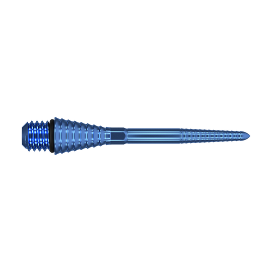 380177_Target_Titanium_Swiss_Point_Grooved_Conversion_Points_Blau_30mm_2 Das Bild zeigt eine blaue, gerillte Titanspitze mit Schraubgewinde. Sie ist lang und schmal mit einer konischen Form und feinen Rillen entlang ihrer Länge.