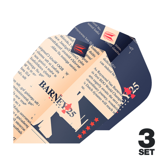 Das Bild zeigt drei Dart-Flights mit dem Aufdruck "BARNEY25" und einem speziellen Design. Unten rechts steht "3 Set" als Hinweis auf die Anzahl der Sets.