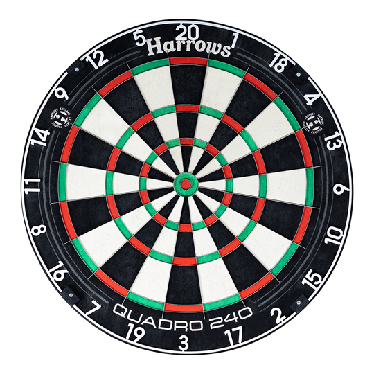 Harrows Quadro 240 steel dartboard Harrows Quadro 240 Steeldartboard ist auf dem Bild zu sehen. Die Segmente und Zahlen sind klar abgebildet.